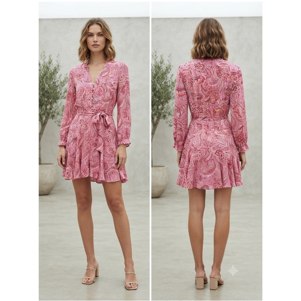 Zara Mini Dress Women XS Pink Paisley Print Boho Button Front Belted Long Sleeve